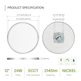 ASD LED 12" Round Flush Mount Ceiling Light Fixture, Low Profile Surface Lighting | 5CCT, Dimmable, Ultra-Thin, ETL Listed | 24W 1900LM 2700-6000K 120V | Kitchen, Bedroom, Hallway Lamp | Nickel