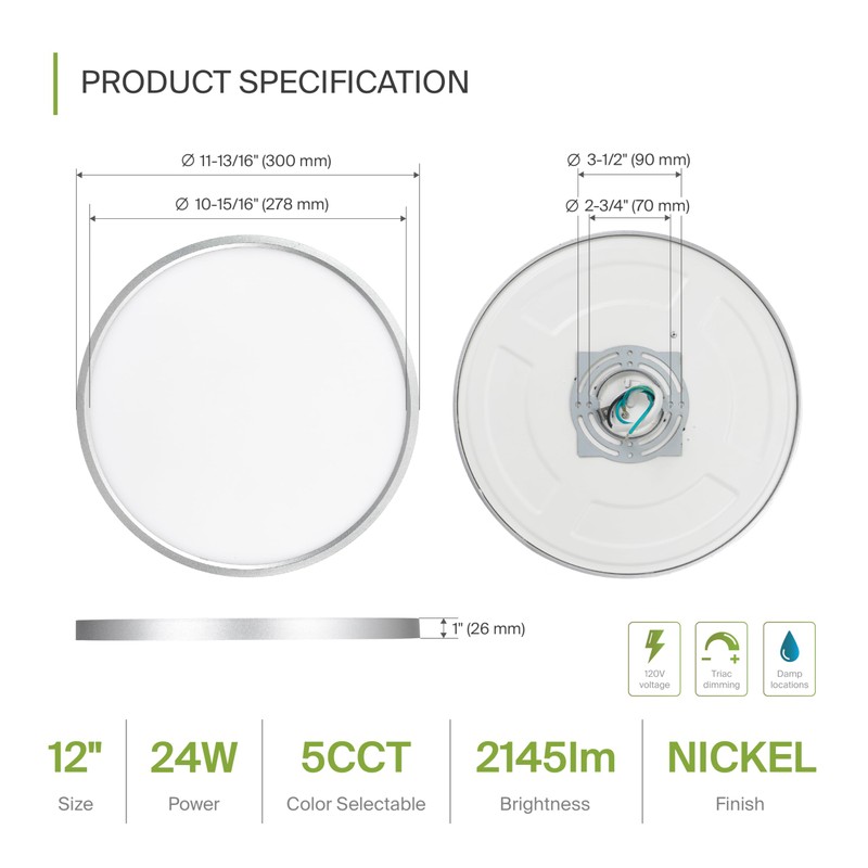ASD LED 12" Round Flush Mount Ceiling Light Fixture, Low