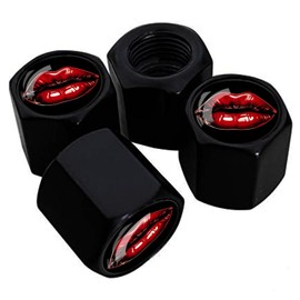 Tire Valve Stem Caps, 4 Pack Universal Fit for Cars, Trucks, SUVs, Motorcycles, Durable, Long-Lasting, Airtight Seal - Glistening Red Lips Against Black Background Pattern