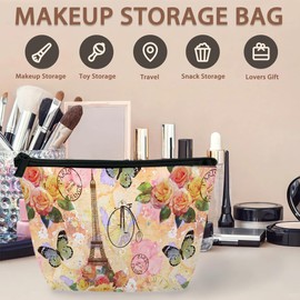 BIGXIUKA Vintage Paris Tower Makeup Bag Travel Cosmetic Bag for Women,Rose Flowers Small Make up Pouch Travel Bags for Toiletries Aesthetic Accessories Waterproof Gifts