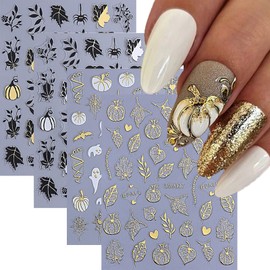 Maple Leaf Nail Art Stickers Pumpkin Nail Decals Cute Ghost Cobweb Bat Sticker for Nails Designs 3D Self-Adhesive Nail Stickers Fall Nail Decoration for Women Nail Art Supplies 4 Sheets