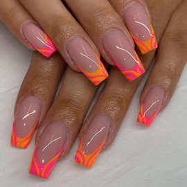 MISUD Press on Nails Long Coffin French Tip Fake Nails Ombre Acrylic Nails Ballerina Artificial Nails Glossy Glue on Nails Orange Swirl Designs False Nails 24 pcs