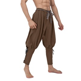 KUOIN Medieval Renaissance Ankle Banded Pants for Men Linen Pirate Loose Trousers Bottoms (US, 数值高度, Brown)