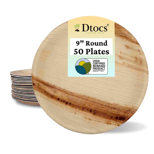 Dtocs Palm Leaf Plates (50), 9" Round | Disposable Bamboo Plate Like Eco-friendly Compostable Party Plates For Wedding, Camping, Birthday Dinner | Serving Platter Better Than Paper Plates