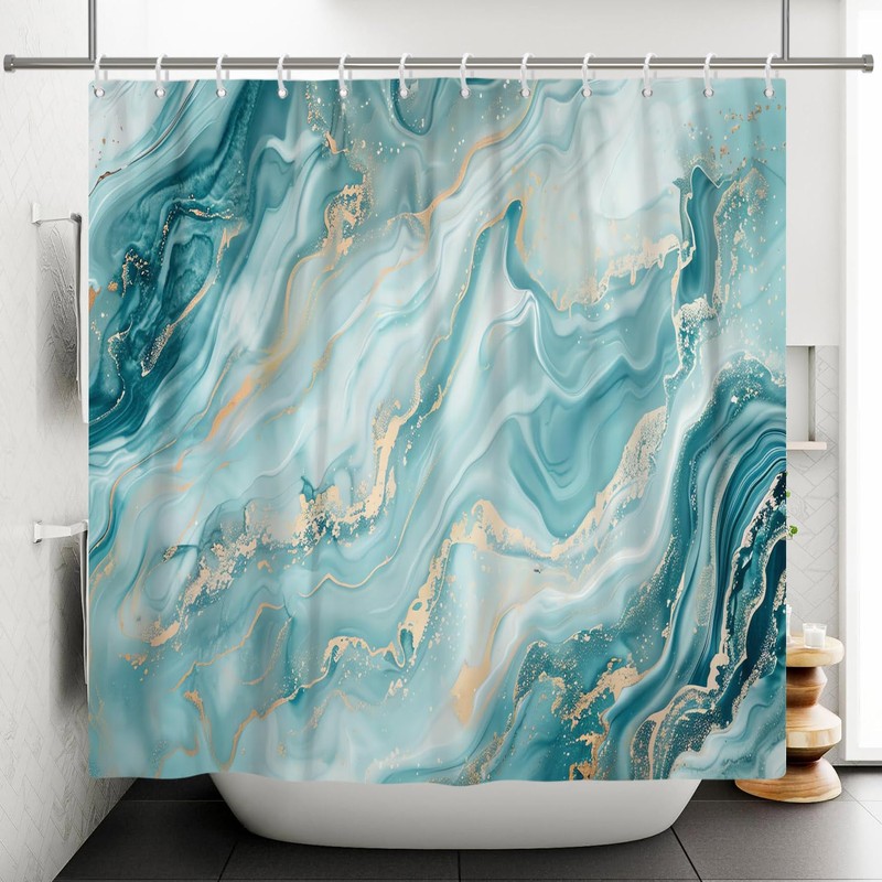 ChloropLastid Teal Marble Shower Curtain 72x72 Inch Abstract Turquoise Gold