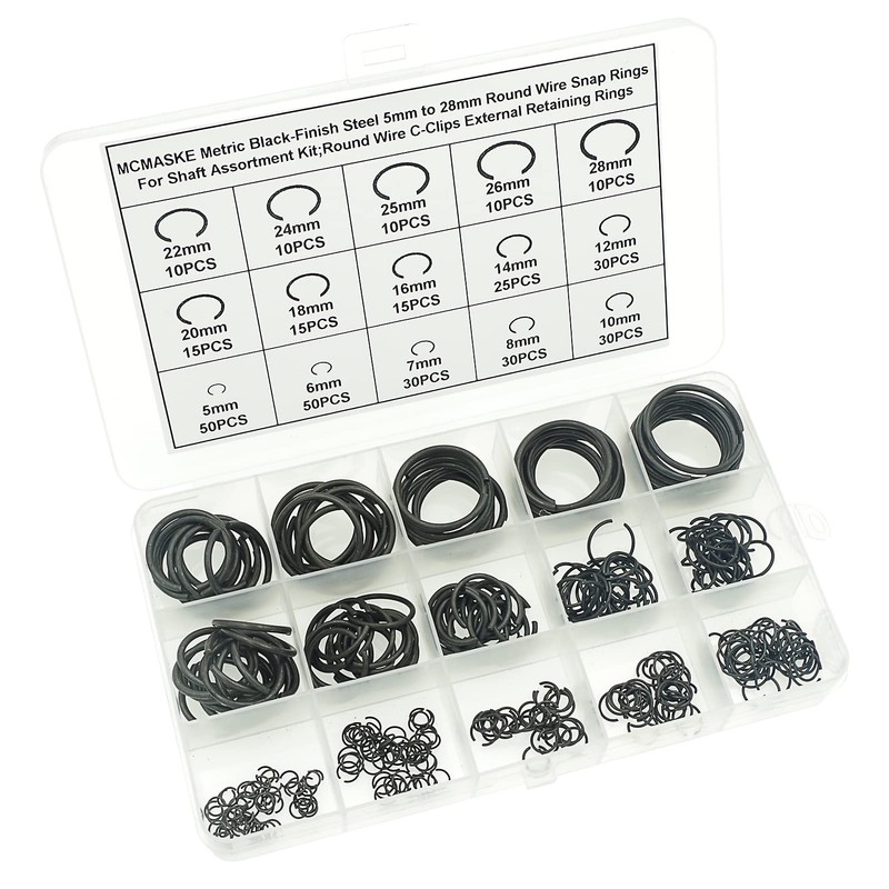 MCMASKE Metric 5mm to 28mm Round Wire C-Clips External Retaining
