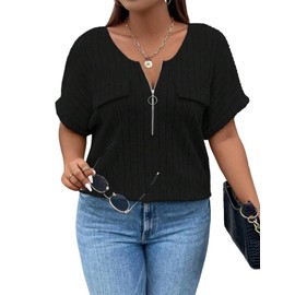 Gemulate Plus Size Tops for Women Summer Black V Neck Zipper Top Plus Size Ladies Tops Short Sleeve Tunic Tops Loose Casual Shirts Blouse or Women UK - Black, XXXXX-Large