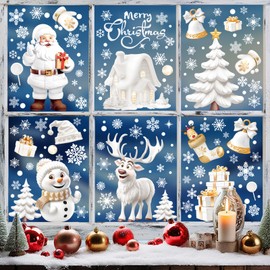 BOOMTOP 190Pcs Christmas Window Stickers 3D Stereo Snowflakes Santa Christmas Tree Reindeer Window Cling Decals White Christmas Static Stickers for Christmas Window Decoration