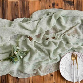 Aoksunova Cheesecloth Wedding Table Runner, Eucalyptus Green, Muslin, Chiffon, 400 x 80 cm