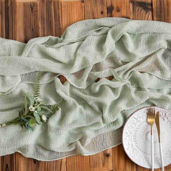 Aoksunova Cheesecloth Wedding Table Runner, Eucalyptus Green, Muslin, Chiffon, 400