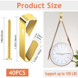 Extrapins Picture Hanging Hooks,40Pcs 100 lb Picture Hangers with Nails,Heavy Picture Hanging Kit for Drywall Wooden Wall,Hooks for Hanging Pictures for Canvas Office Pictures House Decoration(Gold)