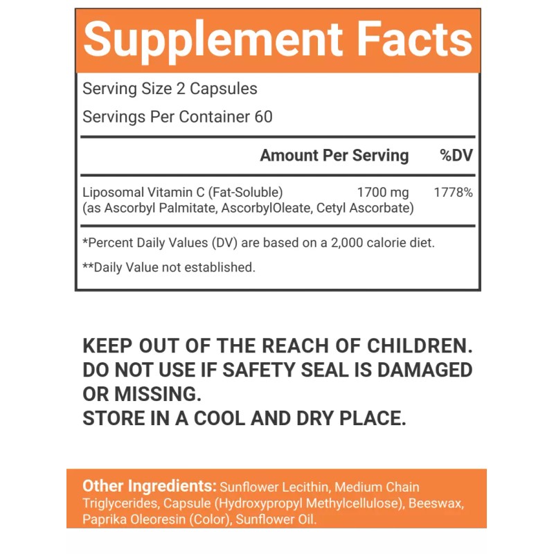 VitaCosmoX Liposomal Vitamin C 1700mg -120 Capsules - High Absorption