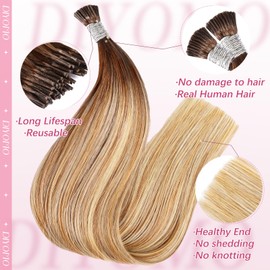 DIYOMO I Tip Hair Extensions - Human Hair,Dark Golden to Rose Gold Brown Mixed with Bleached Blonde 16 Inch For Women Soft & Natura Itip Human Hair Extensions 50g 70s