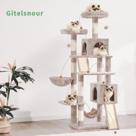 Gitelsnour Cat Tree, 71'' (180cm) Cat Tower for Indoor Cats Large Adult, Multi-Level Cat Tree Tower with 2 Scratching Boards/Posts, 2 Plush Perches, 2 Cat Condos, Hammock, Muchroom GCT032MU