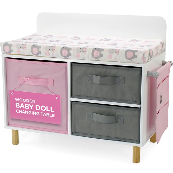 Emily Rose New Wooden Toy Baby Doll Crib Set for Little Girls, Changing Table Furniture with Clothes and Accessories Storage and Pockets, for 3+ Year Olds, Doll Set and Accessories - White/Pink/Gray