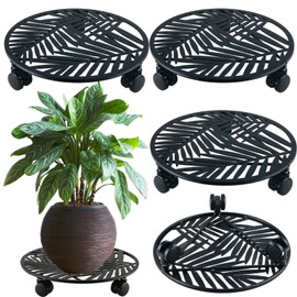3 Packs Large Metal Plant Caddy with Wheels 13" Rolling Plant Stands Heavy-duty Wrought Iron Roller Planter Movers Indoor Outdoor Wheeled Plant Dolly with Casters Tray Coaster, Slender leaves
