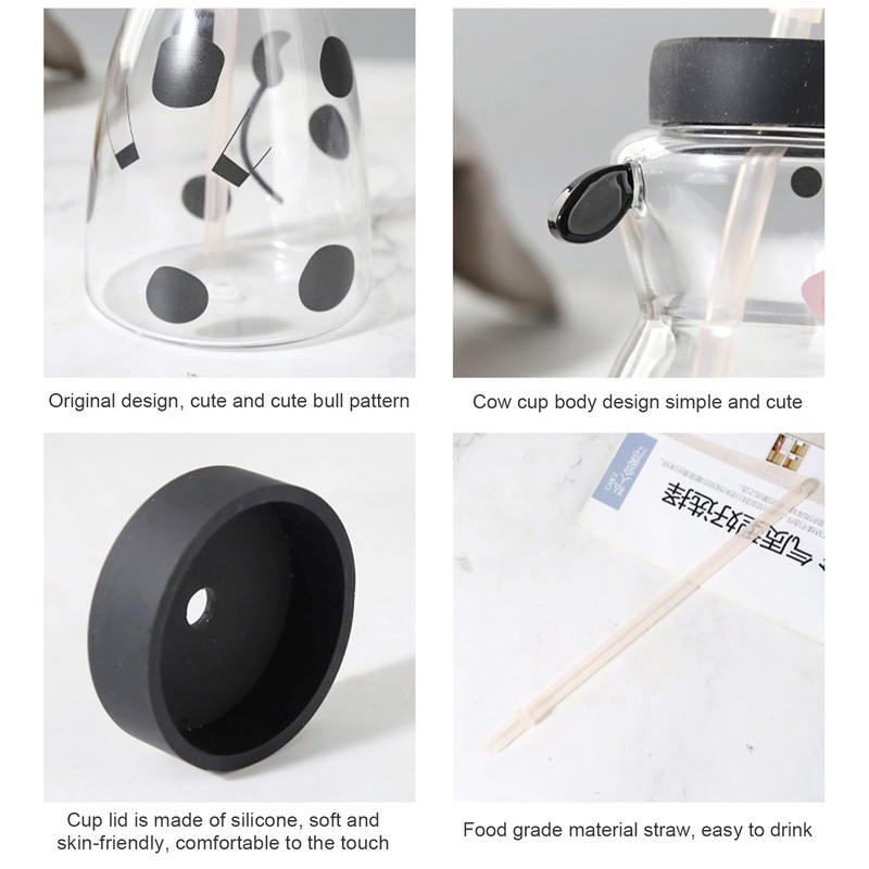 600MLCreative Glass Straw Cup Cow Shape Glass Cup with Straw