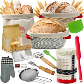 Sourdough Starter Kit, 33 Pcs Sourdough Bread Baking Supplies, 9 10 Inches Round&Oval Cotton Rope Banneton Bread Proofing Basket Set of 2, Beginner Friendly Bread Making Tools with Starter Jar
