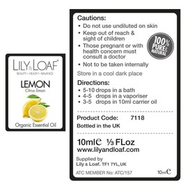 Lily & Loaf Lemon Organic Essential Oil (Citrus Limon) | 100% Pure & Natural | 10ml