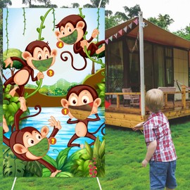 Monkey Toss Games Banner Backdrop Background Tropical Jungle Forest Animals Theme Decor for Indoor Outdoor Safari Wild One Boy 1st Birthday Party Baby Shower Favors Supplies Decorations