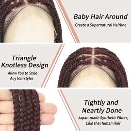 Lexqui 36" 360° HD Full Lace Braided Wigs for Women Box Braid Wig with Baby Hair Handamde Human Hair Blended Triangle Knotless Braided Wigs Burgundy Red Braided Lace Front Wig