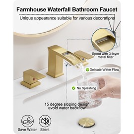 HOIGY Square Brushed Gold Bathroom Faucet 3 Hole, Brass 4-16 Inch Waterfall Faucet for Bathroom Sink with 2 Handles, Pop-Up Drain & Pre-Installed cPUC Supply Lines for Lavatory, Restroom, Vanity