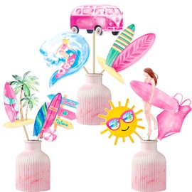 30pcs Summer Surf Centerpieces Sticks Vintage Surfing Birthday Party Centerpiece Decorations for Girls Pink Surfboard Surf Van Theme Table Toppers for Hawaii Beach Surf Party Baby Shower Supplies