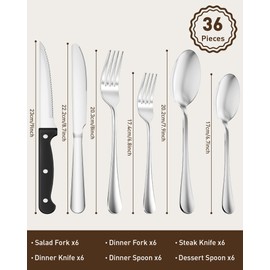 Quatish 36 Piece Silverware Set with Steak Knives, Cutlery Utensil Sets for 6, Food-Grade Stainless Steel Flatware Sets, Kitchen Utensils Set for Home Restaurant Hotel, Mirror Finished, Silver