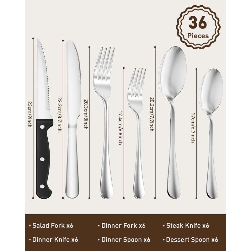 Quatish 36 Piece Silverware Set with Steak Knives, Cutlery Utensil
