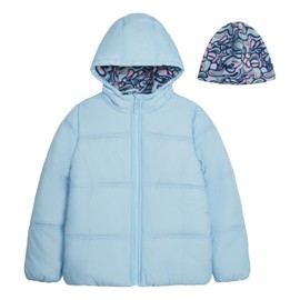 LONDON FOG Girls' Heavyweight Quilted Puffer Jacket with Fleece Beanie, Clear Sky Blue