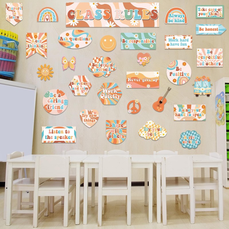 Groovy Class Rules Bulletin Board Decorations - Motivational Cutouts for