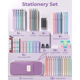 Four Candies 56 PCS Aesthetic School Supplies with Pencil Case, 6 Multicolor Pen, 12 Pastel Highlighters, 5 Gel Pens Black Ink, 9 Mechanical Pencils for Student Stationary Set Preppy Stuff (Purple)
