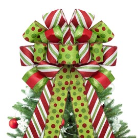 GOGOSY Christmas Tree Topper Bow,48''x 13'' Large Polyester Christmas Wreath Bows Stripe and Dot Xmas Ornaments with Long Wired Edge Ribbon for Farmhouse Christmas Decoration (Green and Multicolour)