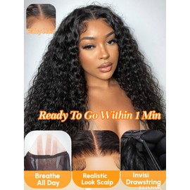 Julia Hair Water Wave 7x5 Bye Bye Knots Glueless Wig with Baby Hair HD Lace Pre Everything with Drawstring Wigs Human Hair Pre Plucked Pre Cut Bleached Knots Put on and Go Natural Hairline 16 Inch