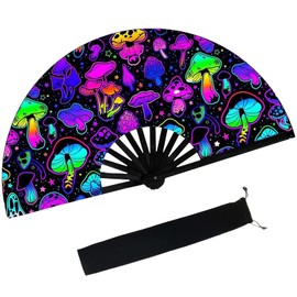 dmjuncong Large Folding Hand Rave Fan,Clack Handheld Fan with Fan bag,for Music Festivals,Carnival,Rainbow Outfits,Disco Party,Neon Party, Glow Party Decorations Supplies.Mushrooms