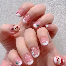 Christmas Press on Nails Short Square OFDNE White French Tip Fake Nails Nude False Nails with Designs Christmas Tree Snowman Santa Glossy Glue on Nails Winter Acrylic Nails for Women Girls 24 Pcs