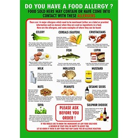 FOOD ALLERGY AWARENESS SIGN A4 (297mm x 210mm) LAMINATED 400g 14 allergens POSTER (1) The clearest food allergy notice in the food intolerance range