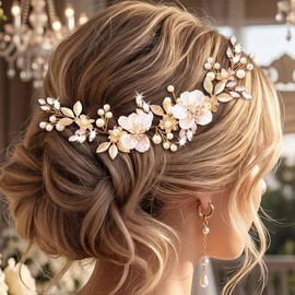 Enredadera para el cabello con flores para boda de novia, tocado de cristal dorado, diadema de hojas de perla para novia, accesorio para el cabello de dama de honor