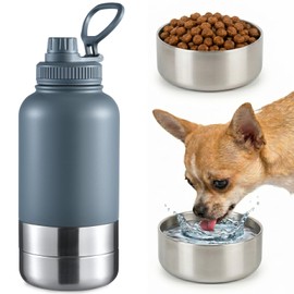 Botella de Agua para Perro 32 oz, Bebedero para Perro Portatil, con 2 Tazones Desenroscables para Agua y Comida, Recipiente Hermético Antifugas para P