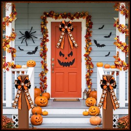 4 Pack Large Halloween Wreath Bows Pre Tied Halloween 21x11 Inch Wired Ribbon Decorative Tree Topper Bow for Front Door Indoor Outdoor Harvest Decorations