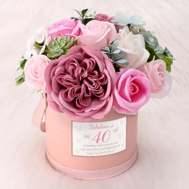 40th Flowers, Birthday Gifts for Women, Soap Flower Bouquet, Everlasting Flowers, Thoughtful Gifts for 40th, Forty, Fortieth Birthday, Pink Roses, Artificial Flowers, Gift Box