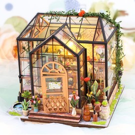 DIY Dollhouse Kit, Miniature House Kit with LED Light, Wooden Greenhouse Book Nook Kits for Adults with Furniture, Gift for Birthday Valentine
