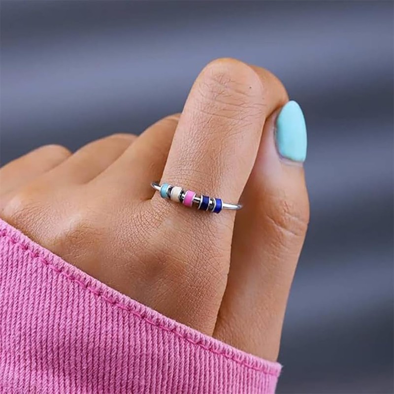 2 Pcs Stainless Steel Finger Rings,Multicolor Relief Spinner Rings (blue+white)