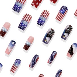 4th of July Press on Nails Short Square Fake Nails 24Pcs Glossy USA Flag Stripe Star False Nails American Eagle Design Stick on Fingernails Independence Day Gel Glue on Nail for Women