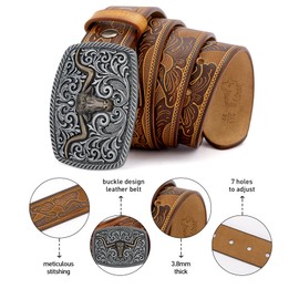 BISON DENIM Western Cowboy Leather Belt-Men's Belt Longhorn Cow Bucklehead Pattern Printed Belt Fits Jeans 31“ to 47” Waist