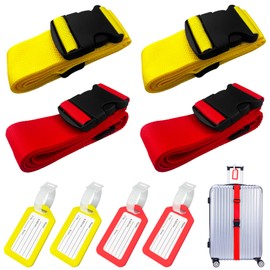 Diompirux Set of 4 Luggage Straps with 4 Luggage Tags Set (2 Red + 2 Yellow), Adjustable Non-Slip Travel Accessories, Quickly Identify Luggage, Safe Travel for Suitcase, for Luggage, Travel Bag,