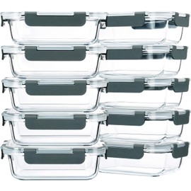 Juego de 10 Recipientes de Vidrio con Tapas Herméticas para Preparación de Alimentos, Tupper para Lunch, Contenedores para Alimentos, (22 onzas)      
