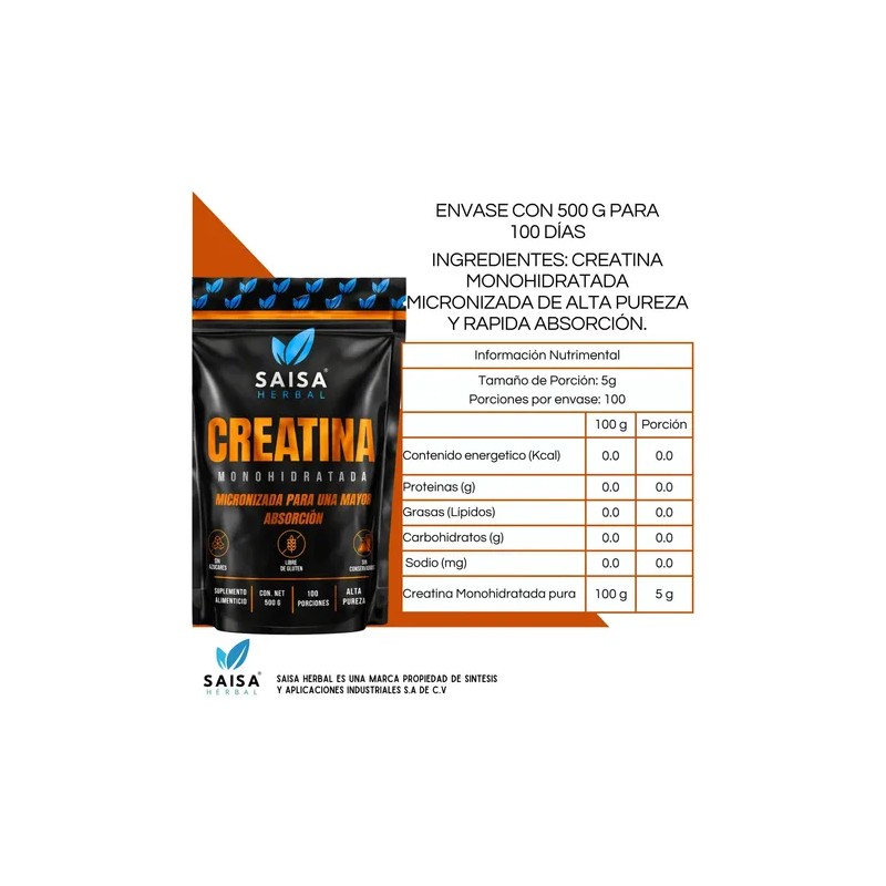 Creatina Monohidratada Alta Absorción 500 G Saisa Herbal Sin Sabor
