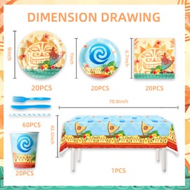 141Pack Moana Party Decoraion Party Tableware Plates + Napkin Tablecloth,Forks,Spoon,Kinfe For Moana Birthday Decorations