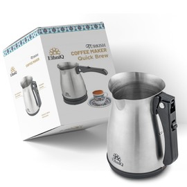 ETHNIQ Turkish Coffee Pot - Stainless Steel, 120V, 1 to 4 Cup Capacity, Fast Brewing, Delicious Cup of Turkish, Arabic & Greek Coffee Maker with Foldable Handle for Home & Travel & on-off Button